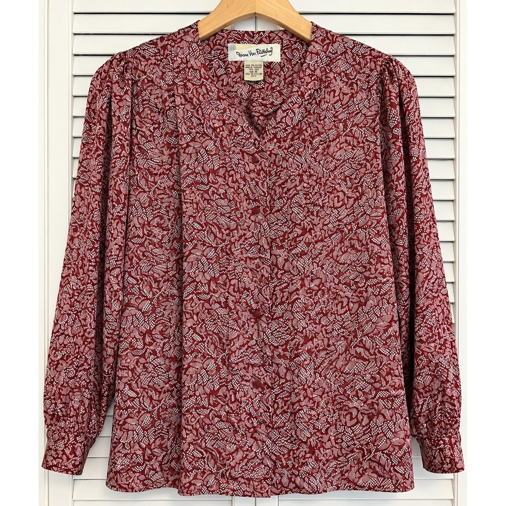 DIANE VON FURSTENBERG Sz 8 VTG Blouse Top Shirt Button Satin Designer Secretary